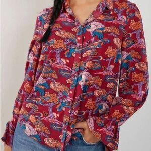 EUC Anthropologie Maeve Darla Crane Bird Floral Print Top Blouse Shirt US Size 2